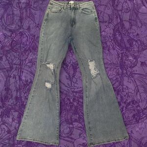 Forever 21 Gray Light Blue Denim Distressed Wide Leg Jeans